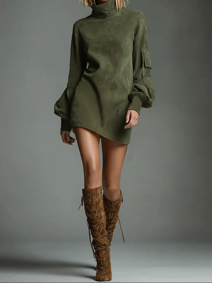 Women's Faux Suede Mock Neck Long Sleeve Mini Dress Pockets