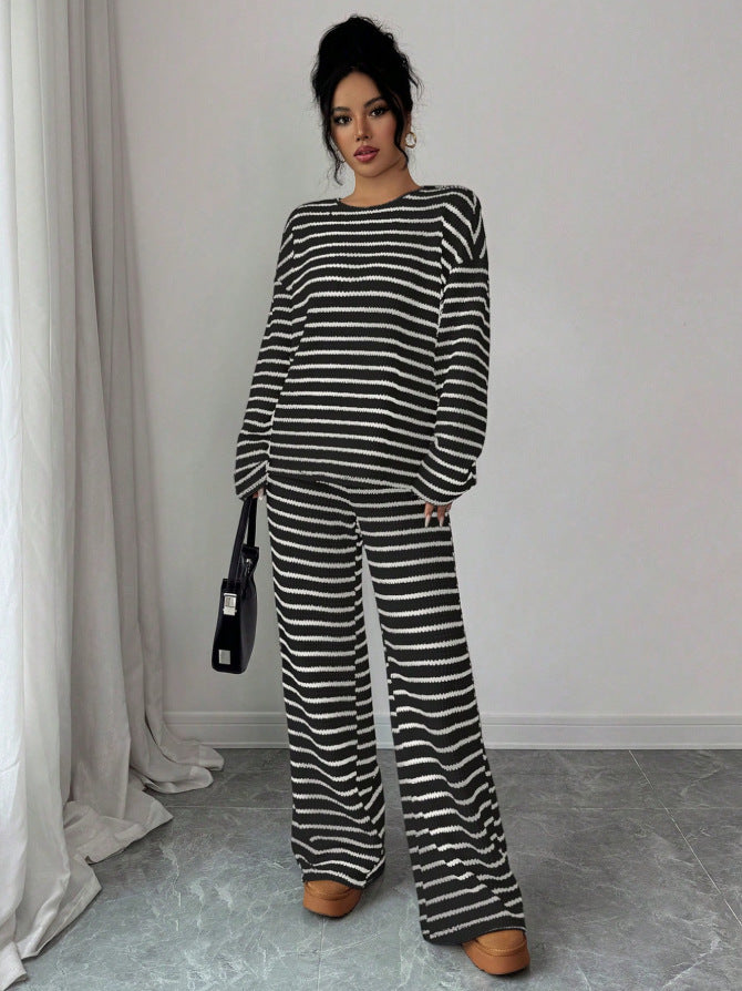 Stripe Knit Lounge Set Crew Neck Top and Wide Leg Pants