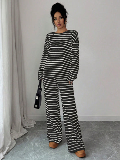 Stripe Knit Lounge Set Crew Neck Top and Wide Leg Pants