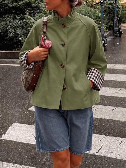 Women's Ruffle Stand Collar Button Front Jacket
