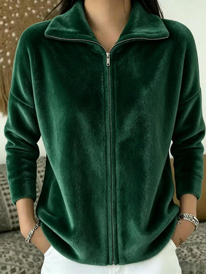 Women's Oversized Zip-Up Fleece Jacket Casual Collared