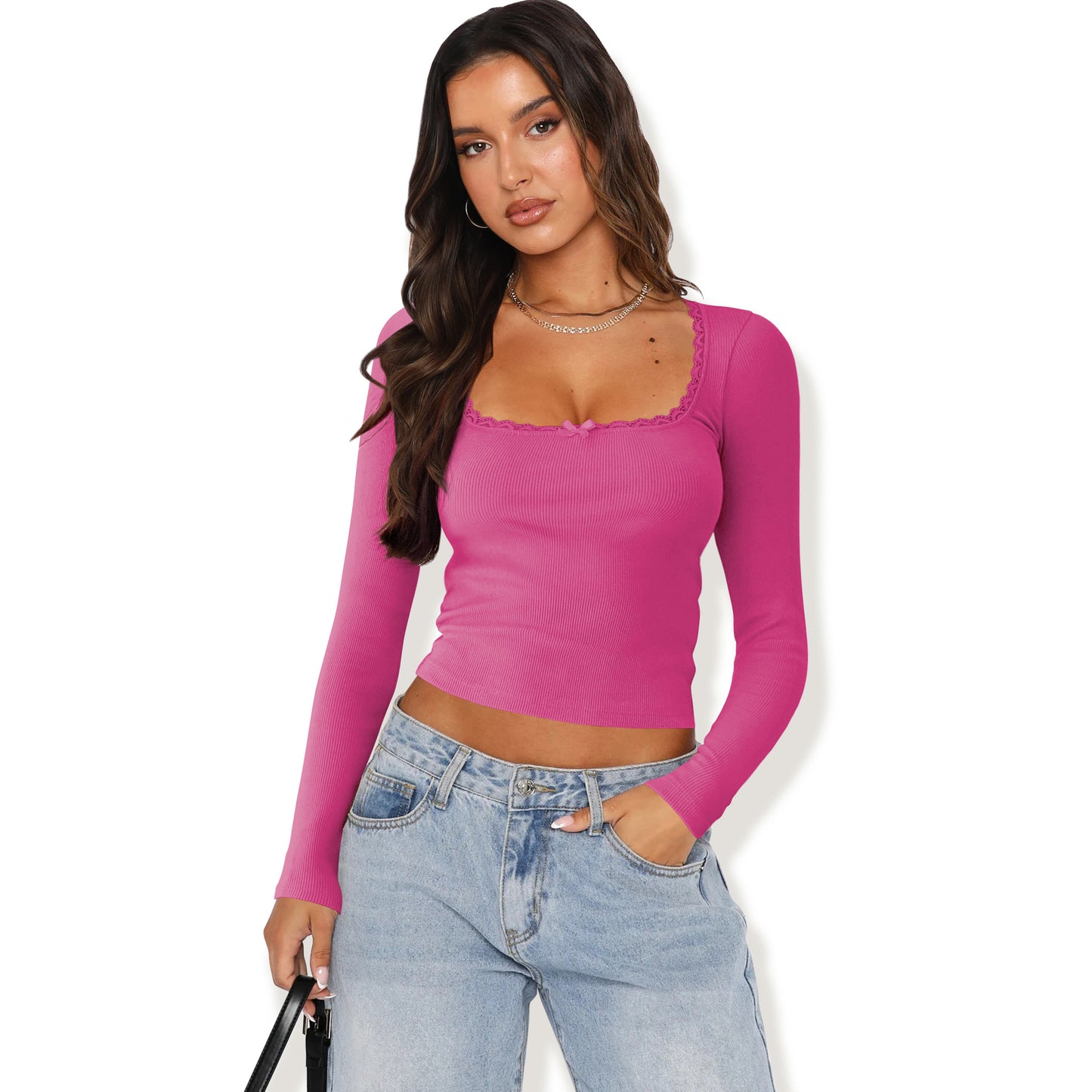 Slim Lace Splicing U-neck Long Sleeve Top - Trendy T-shirt