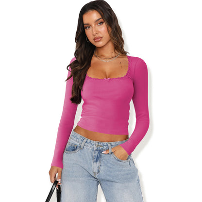 Slim Lace Splicing U-neck Long Sleeve Top - Trendy T-shirt