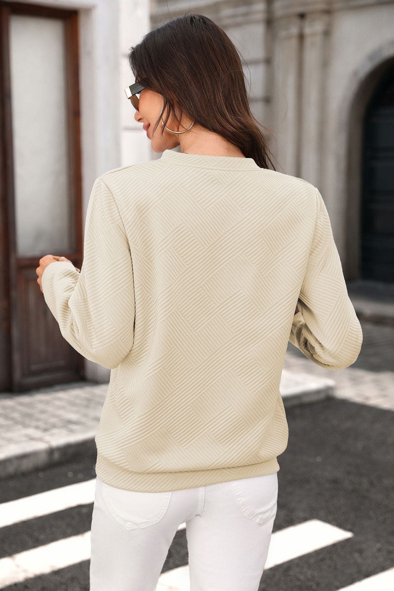 Quilted Half Zip Sweatshirt Loose Textured Pullover
