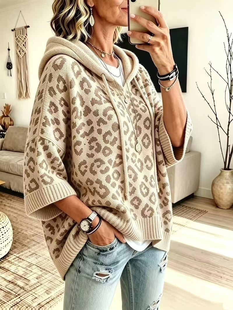 Women's Leopard Print Oversized Hooded Knit Sweater