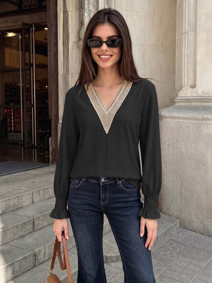 Women's V-Neck Lace Trim Blouse Long Sleeve Smocked Cuffs