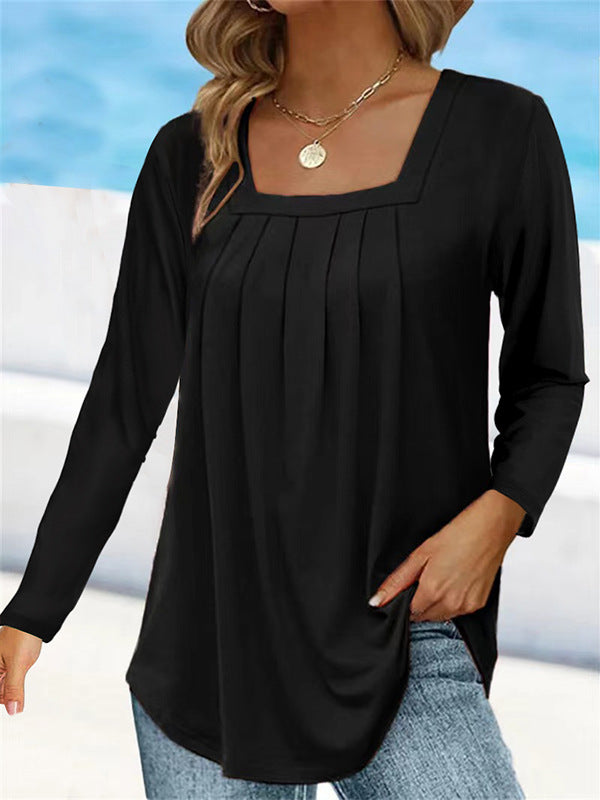 Women's Square Neck Pleated Long Sleeve Tunic Top