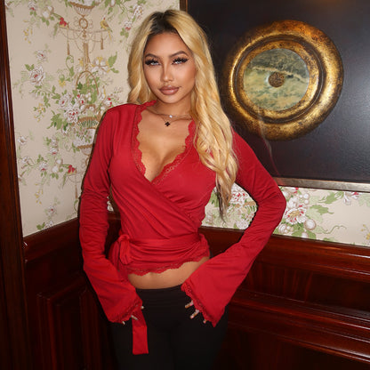 Y2K Lace Trim Wrap Crop Top Long Sleeve Flare Blouse