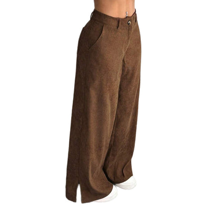 Women's Corduroy Wide Leg Pants Split Hem Pockets