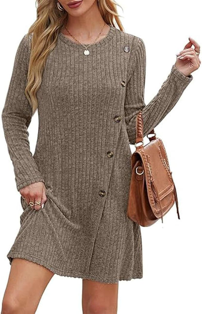 Ribbed Long Sleeve Dress with Side Buttons & Pockets