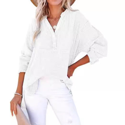 Womens Cotton Textured Long Sleeve Button Blouse