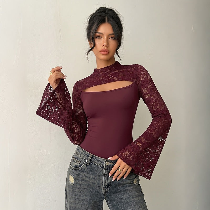 Lace Cutout Bodysuit Mock Neck Flare Sleeve Fitted Top