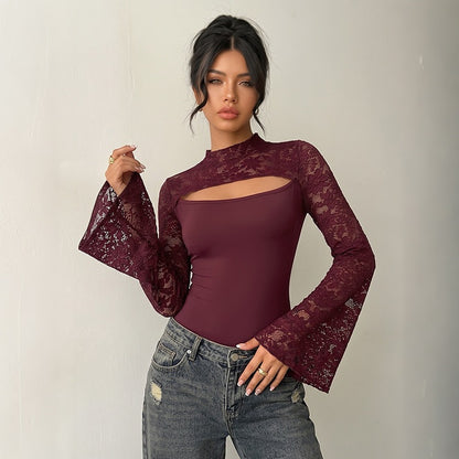 Lace Cutout Bodysuit Mock Neck Flare Sleeve Fitted Top