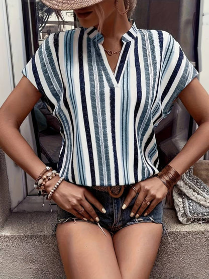 Striped V-Neck Batwing Sleeve Blouse for Women
