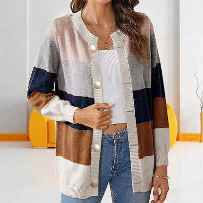 Women's Color Block Cardigan Button Front Knit Long Sleeve