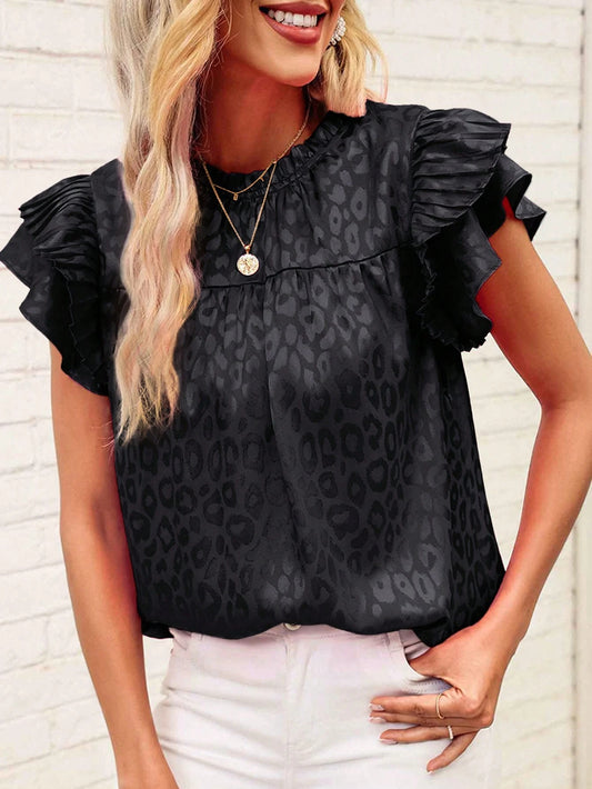 Black Textured Ruffle Sleeve Blouse Chic Summer Top