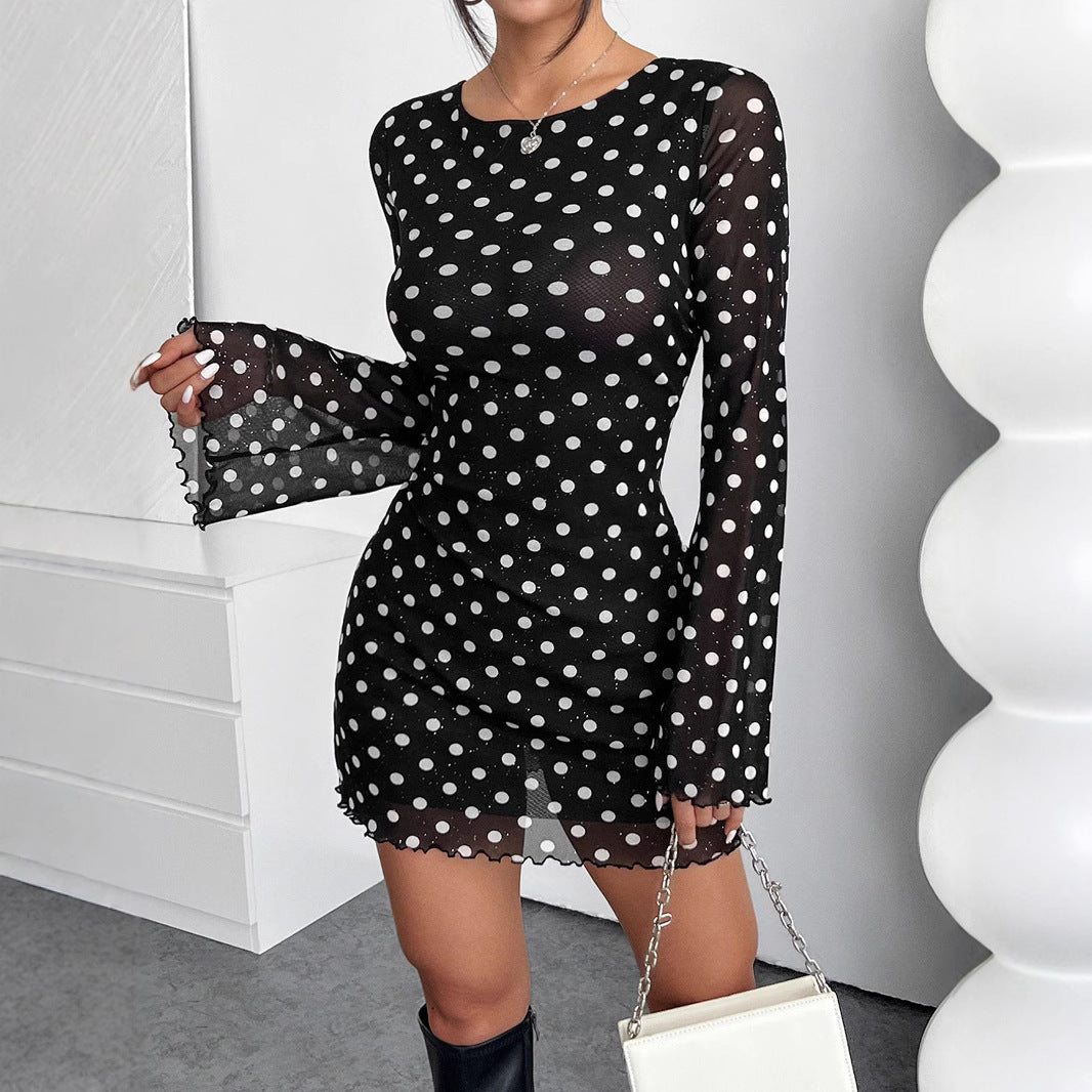 Elegant Mesh Polka Dot Backless Long Sleeve Dress