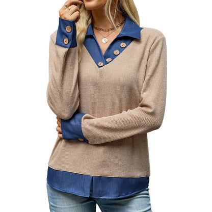 Women's Color Block Denim Collar Layered Sweatshirt