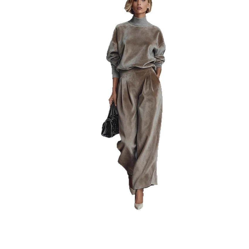 Women's Velvet Matching Set Mock Neck Wide Leg Pants