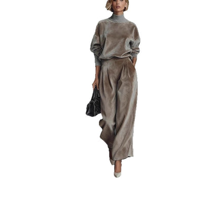 Women's Velvet Matching Set Mock Neck Wide Leg Pants