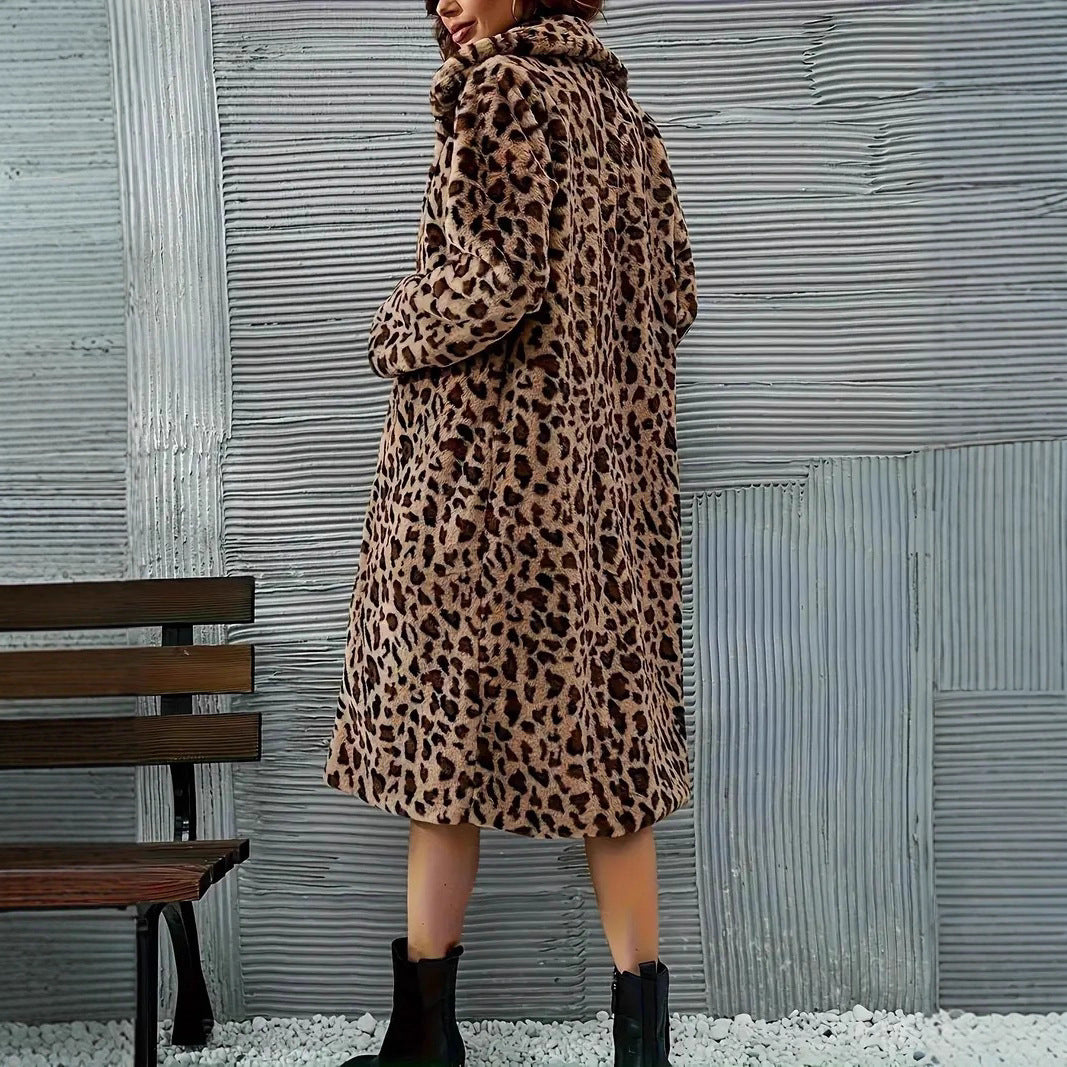 Women's Leopard Print Faux Fur Long Coat