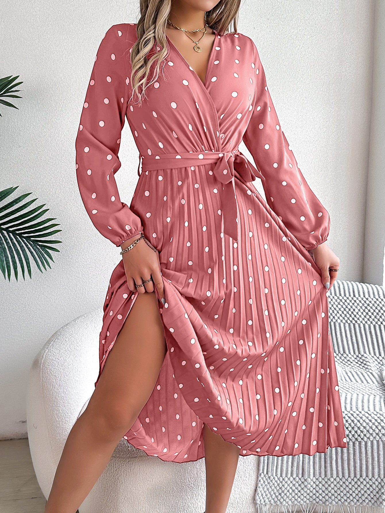 Elegant Polka Dot Cross-Over V-Neck Pleated Midi Dress