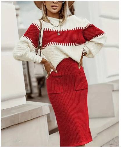 Women's Striped Sweater & Skirt Two Piece Knit Set
