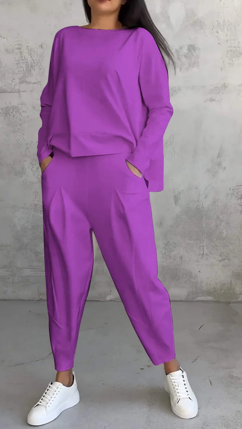 Womens Casual Two Piece Set Long Sleeve Top Pants Pockets