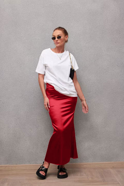 Women's Satin Bodycon Midi Skirt Mermaid Hem