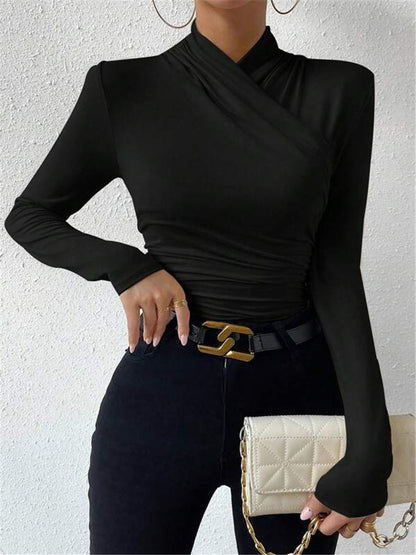 Cross Neck Ruched Long Sleeve Fitted Top