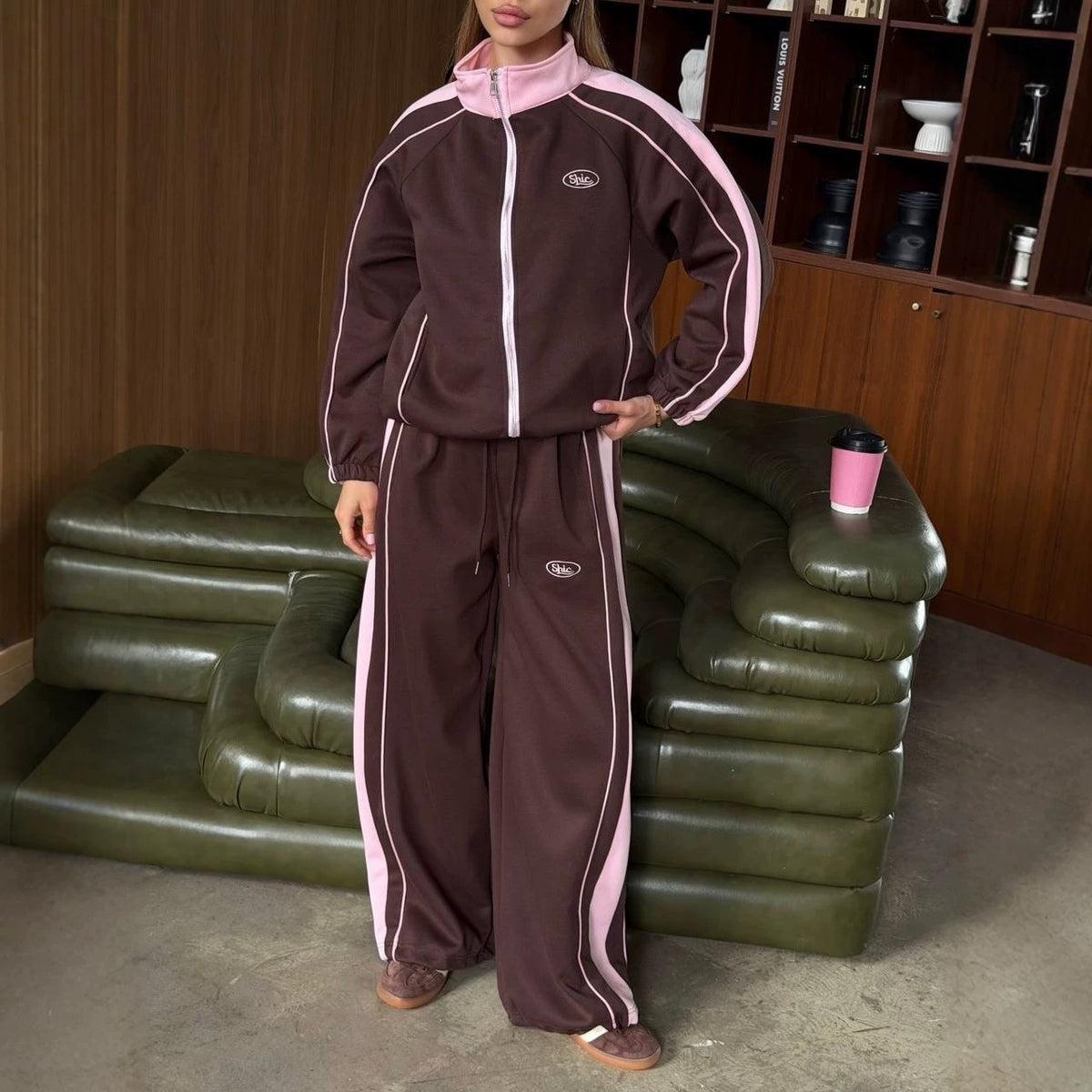 Y2K Colorblock Track Jacket Wide Leg Pants Set