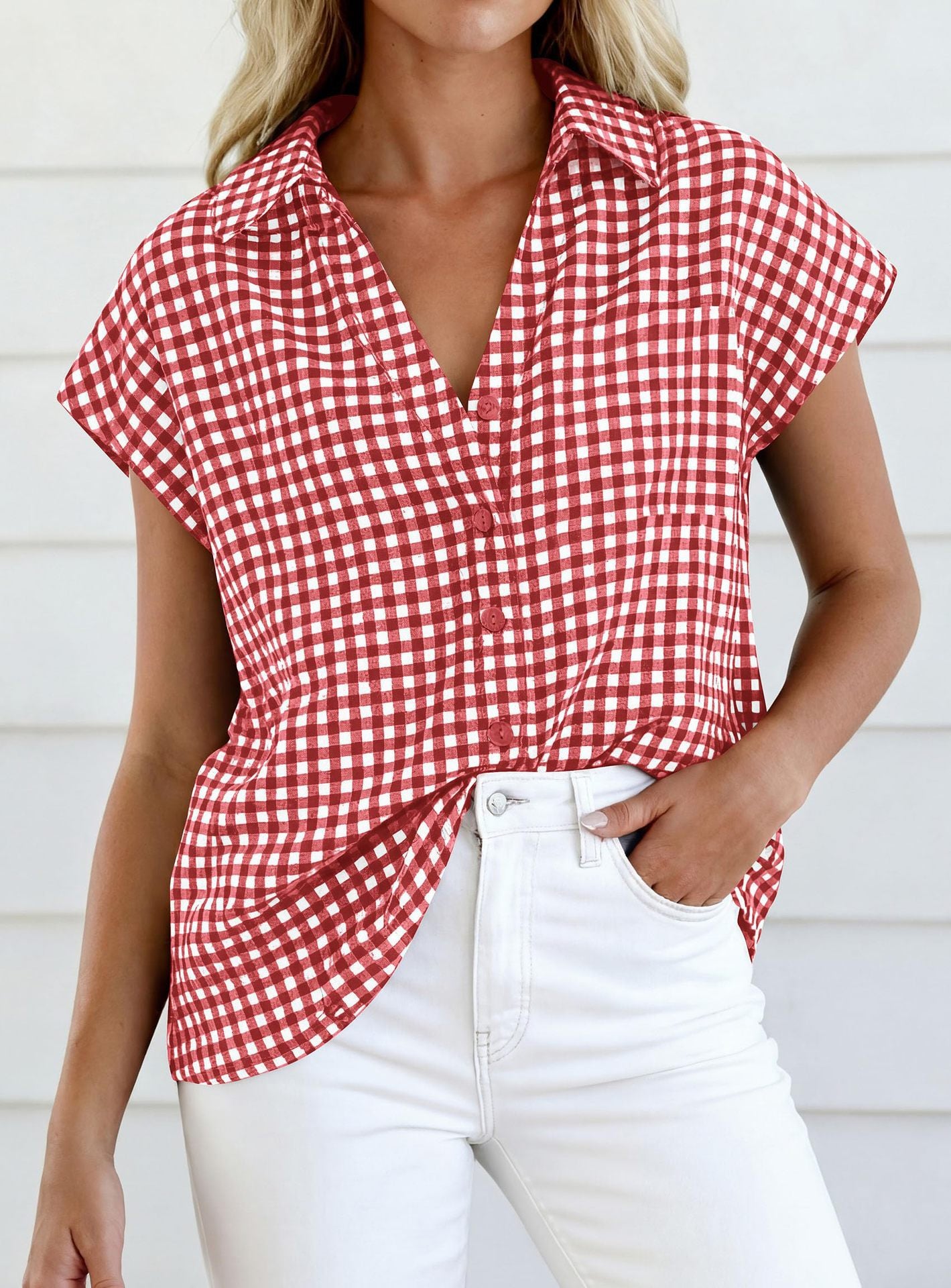 Gingham Button Down Short Sleeve Loose Fit Blouse