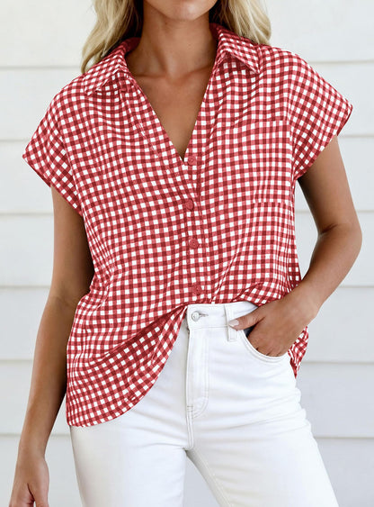Gingham Button Down Short Sleeve Loose Fit Blouse