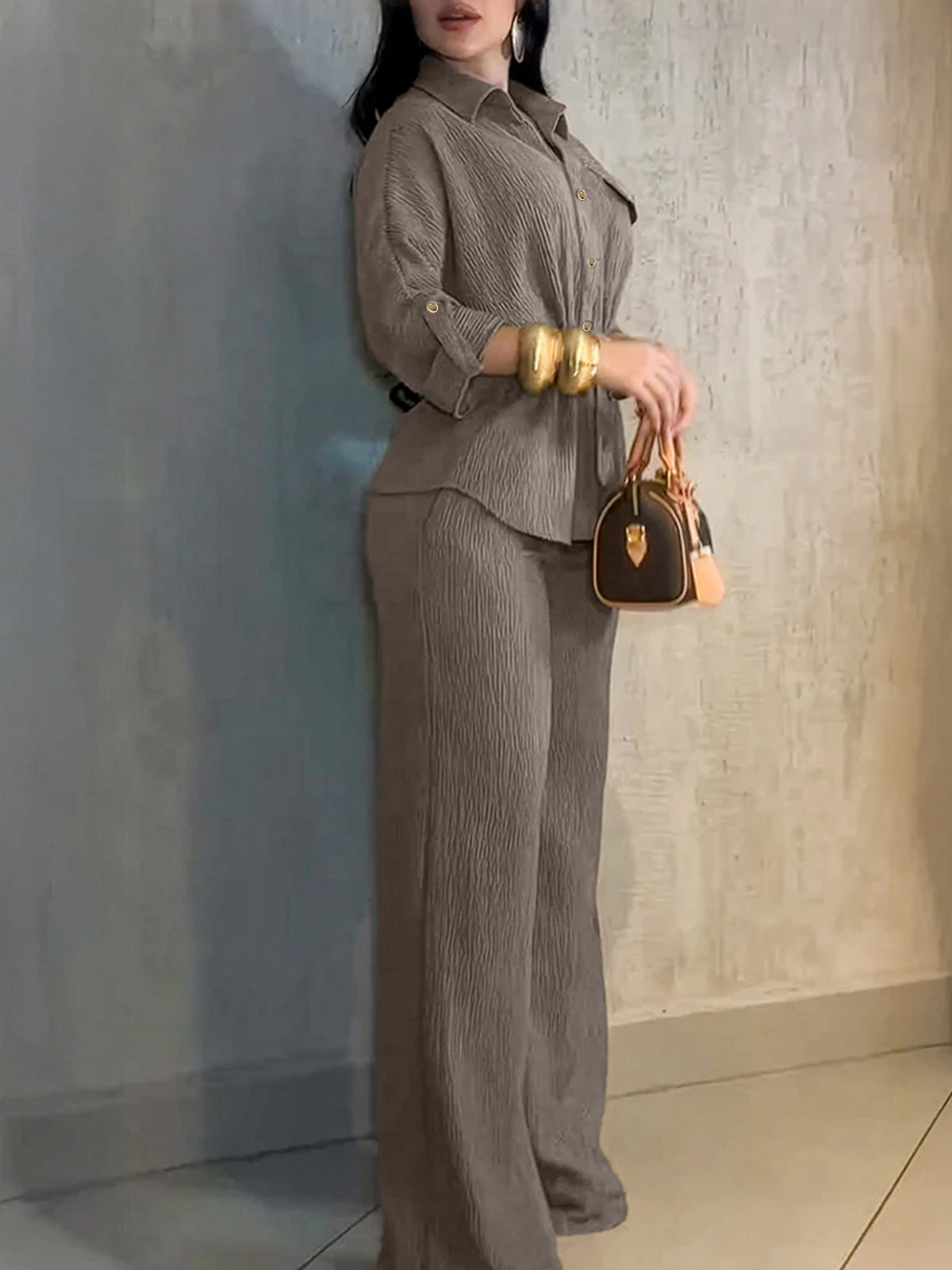 Women's Collared Button Down Shirt Wide Leg Pants 2PC Set
