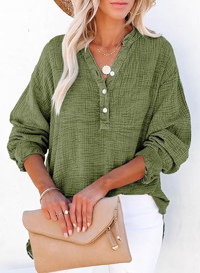 Cotton Gauze Henley Long Sleeve Relaxed Fit Top