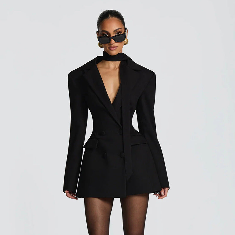 Sexy Deep V Long Sleeve Blazer Dress Bodycon Mini