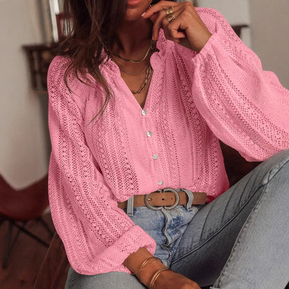 Lace Knit V Neck Button Front Long Sleeve Blouse