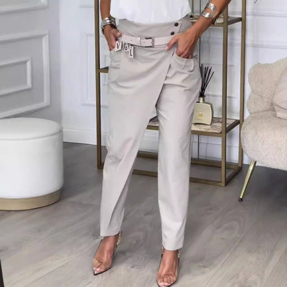 Women's Belted Crossover High Waist Straight Leg Trousers