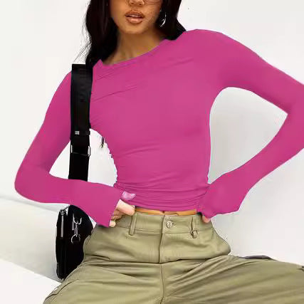 Women's Fitted Long Sleeve Crop Top Round Neck Basic Tee