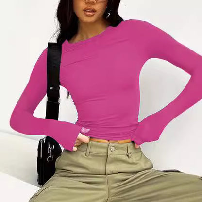 Women's Fitted Long Sleeve Crop Top Round Neck Basic Tee