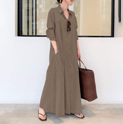 Women's Cotton Linen Maxi Shirt Dress Long Sleeve Pockets