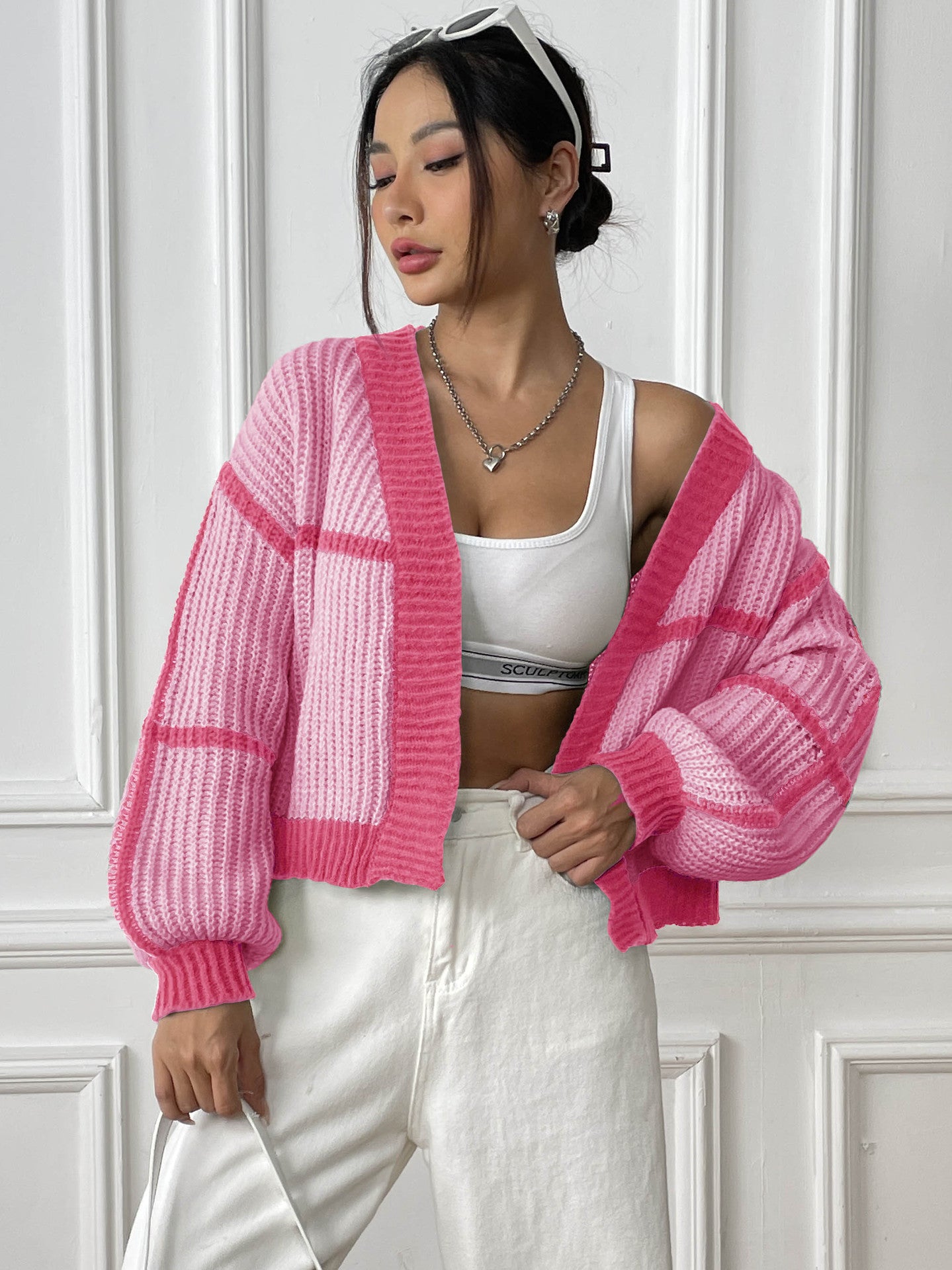 Color Block Cardigan Sweater with Loose Fit for Fall