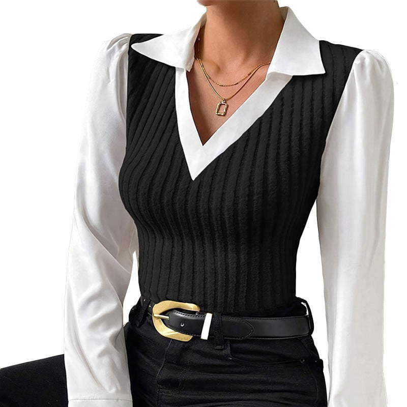 Collared V Neck Mixed Media Long Sleeve Knit Top
