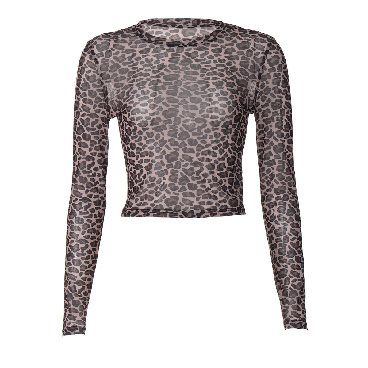 Leopard Print Sheer Mesh Long Sleeve Crop Top