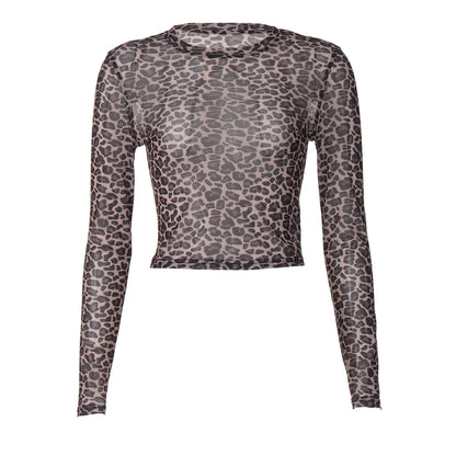 Leopard Print Sheer Mesh Long Sleeve Crop Top