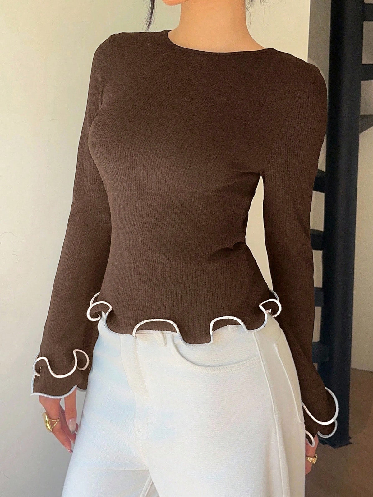 Women's Contrast Trim Ruffle Sleeve Fitted Knit Top