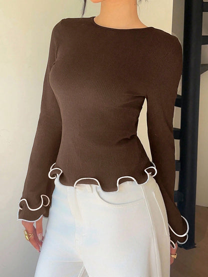 Women's Contrast Trim Ruffle Sleeve Fitted Knit Top