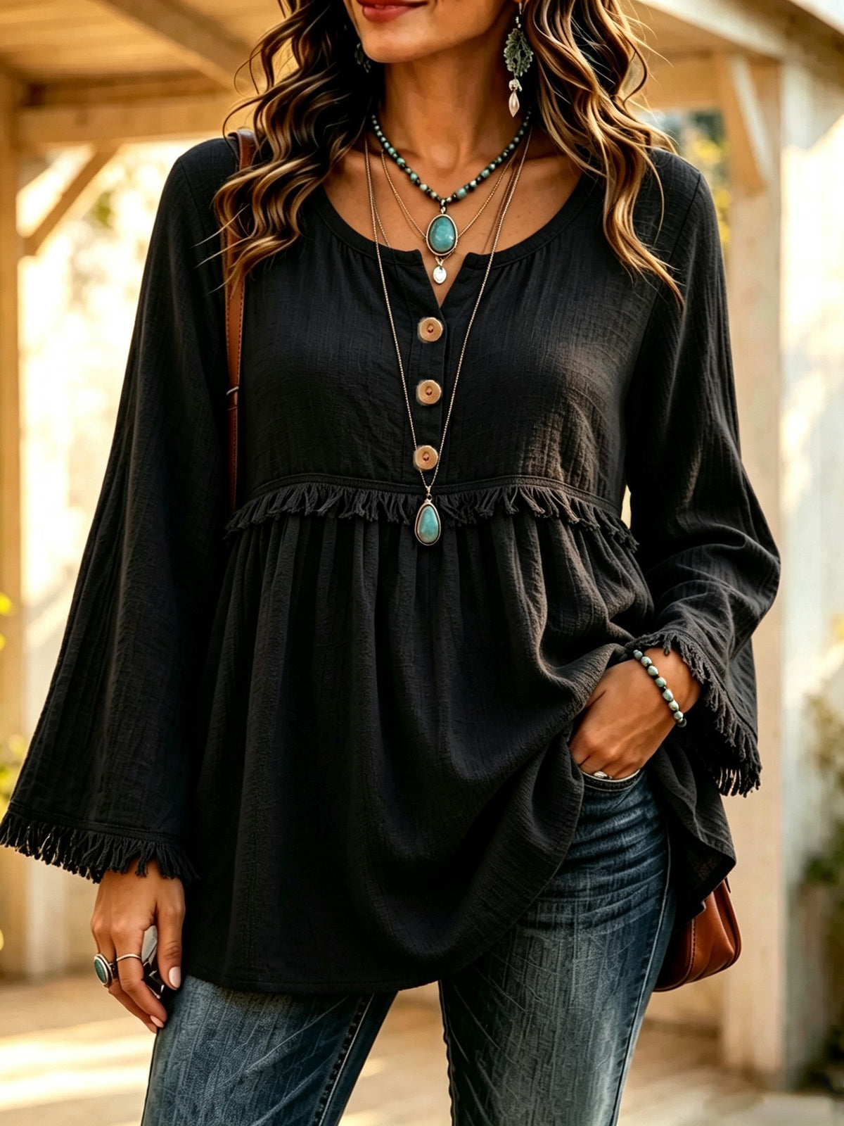 Boho Fringe Button Front Long Sleeve Casual Top