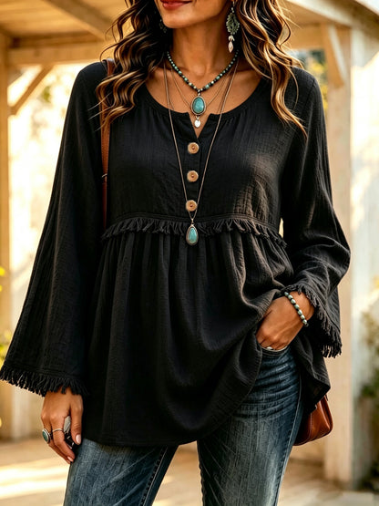 Boho Fringe Button Front Long Sleeve Casual Top