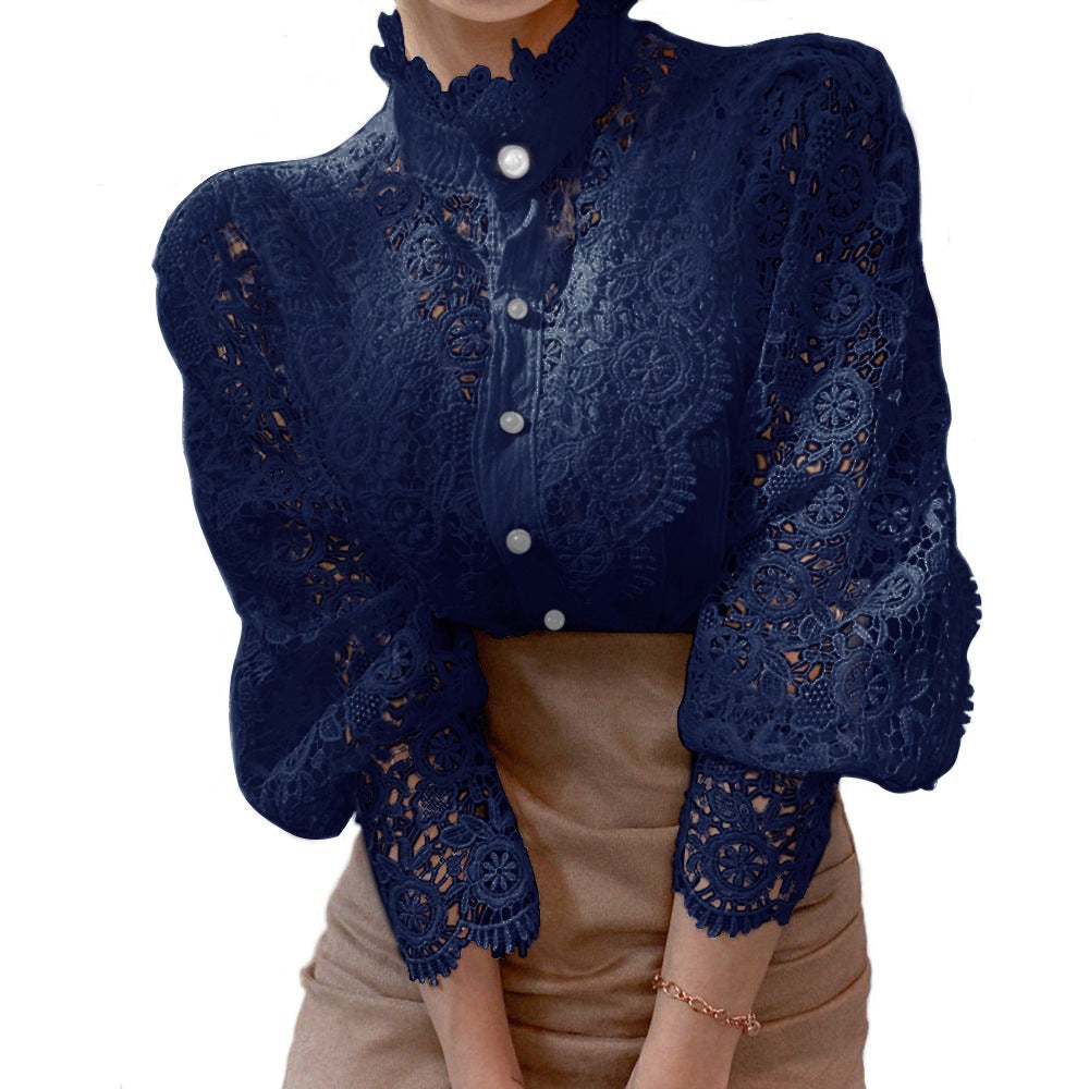Women's Crochet Lace Floral Bishop Sleeve Blouse